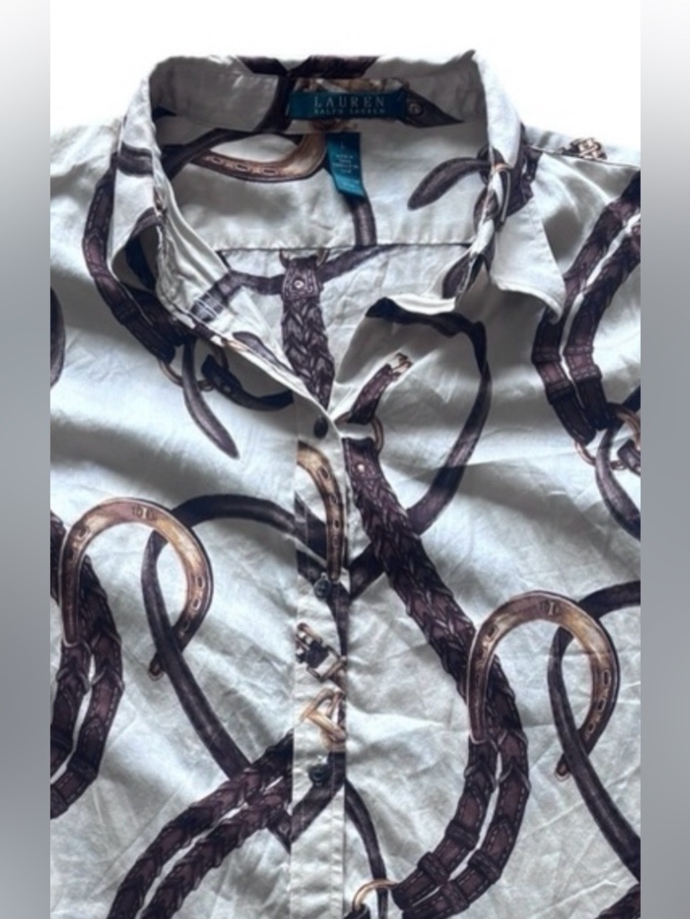 Lauren Ralph Lauren Horsebit Equestrian Print Button Down Shirt Cotton Size L